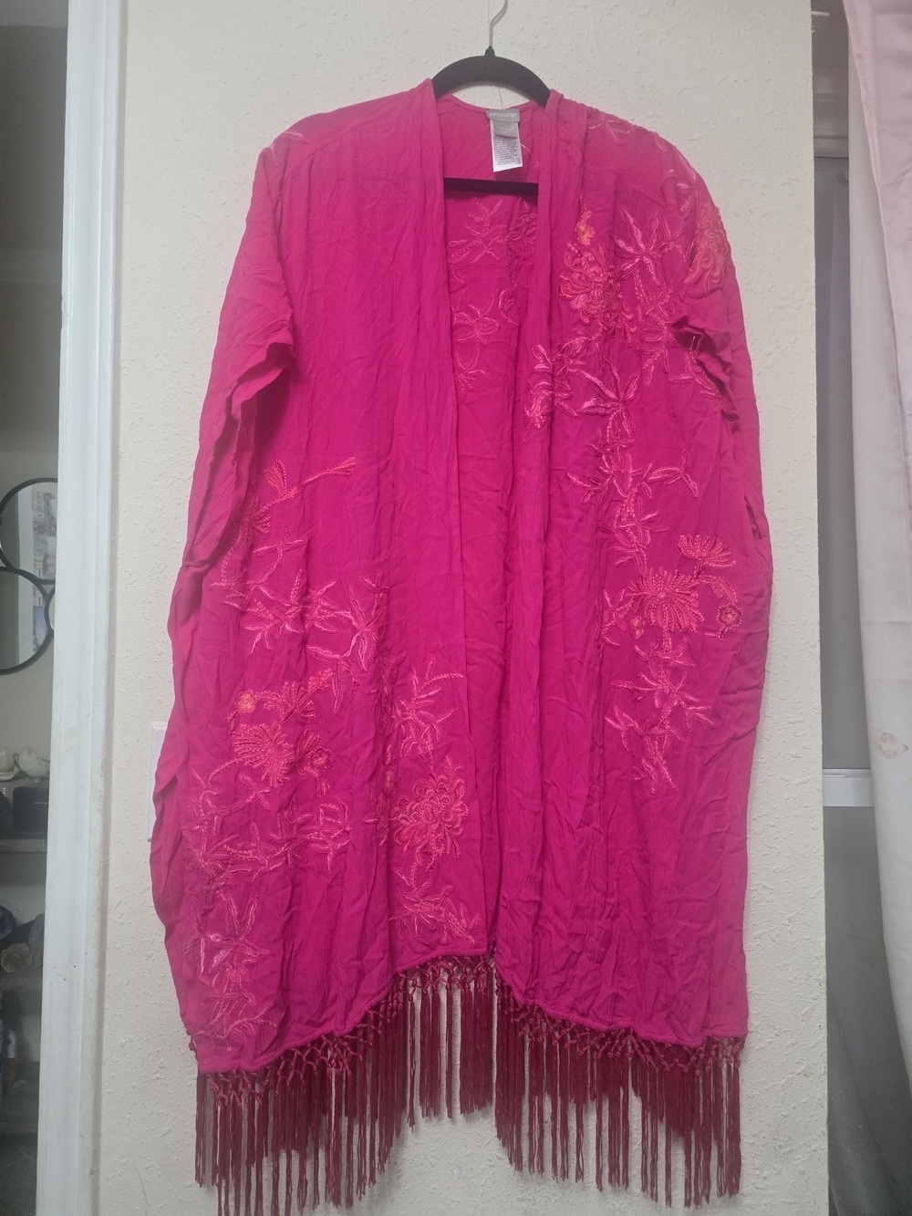 Chico's Hot Pink Floral Fringe Kimono - Picture 2 of 6